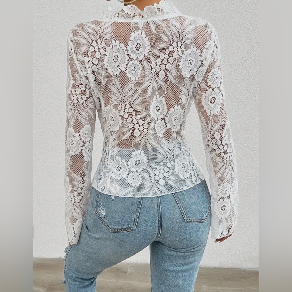 Passion Sexy Low Cut Long Sleeve Lace Solid Color Blouse - Picture 6 of 6